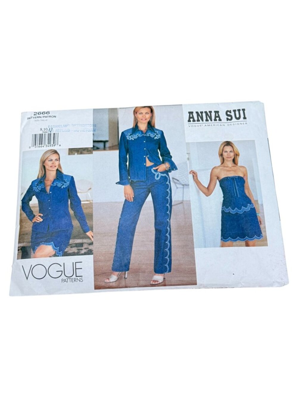 Vogue Anna Sui 2666‎ Denim Shirt Top Skirt Pants Size 8 10 12 New Uncut